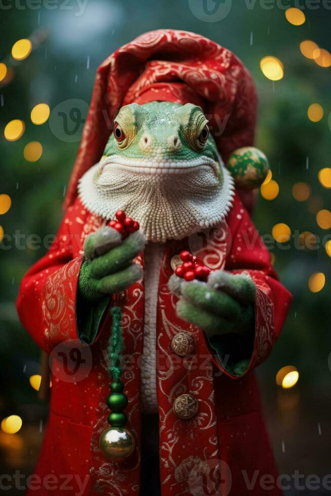 Chameleon with mini Santa hat and bells welcoming the New Year photo