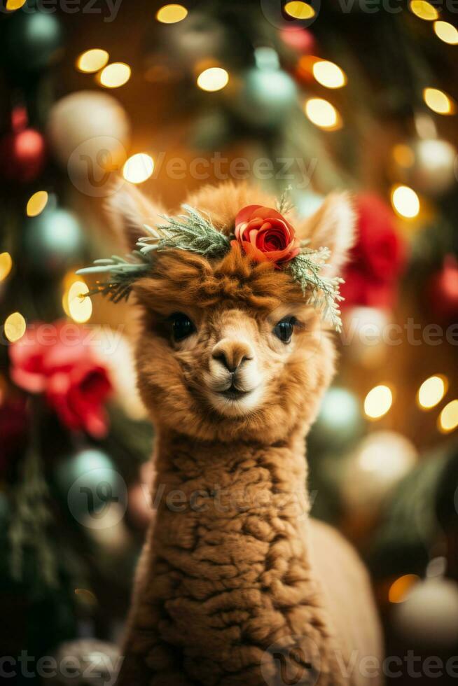 Christmas Alpaca adorned with festive ornaments and wreath radiating holiday merriment photo