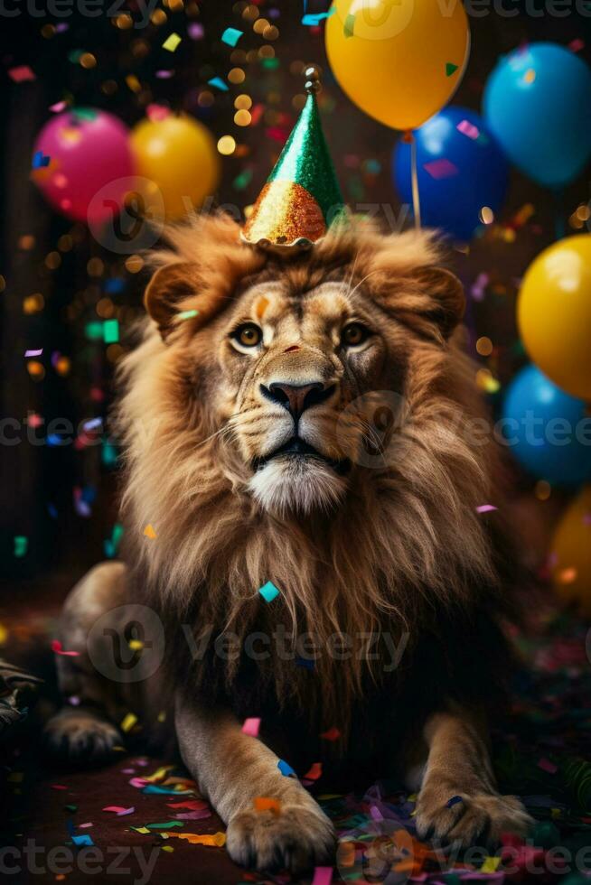 africano león en fiesta sombrero celebrando nuevo año en medio de vistoso papel picado foto