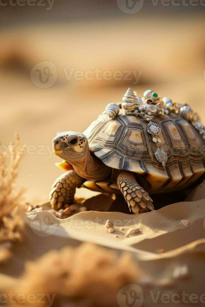 Christmas tortoise carrying miniature Nativity scene on shell background with empty space for text photo