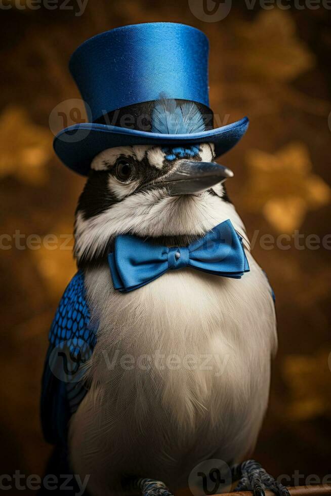 Blue Jay bird flaunts top hat and holiday bow tie for New Year photo