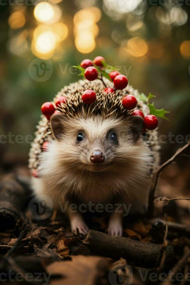 Hedgehog dons reindeer antlers adding Christmas whimsy to festive scene photo