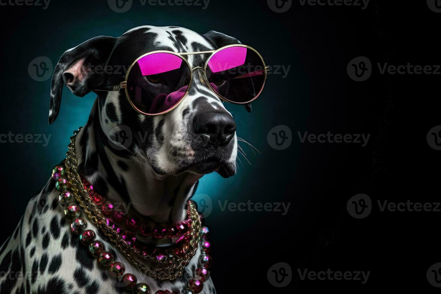 New Years Great Dane in jester collar neon glasses background with empty space for text photo