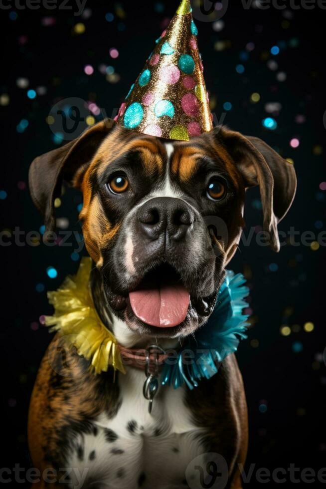 New Years Boxer dog in sequin hat blowing party horn background with empty space for text photo