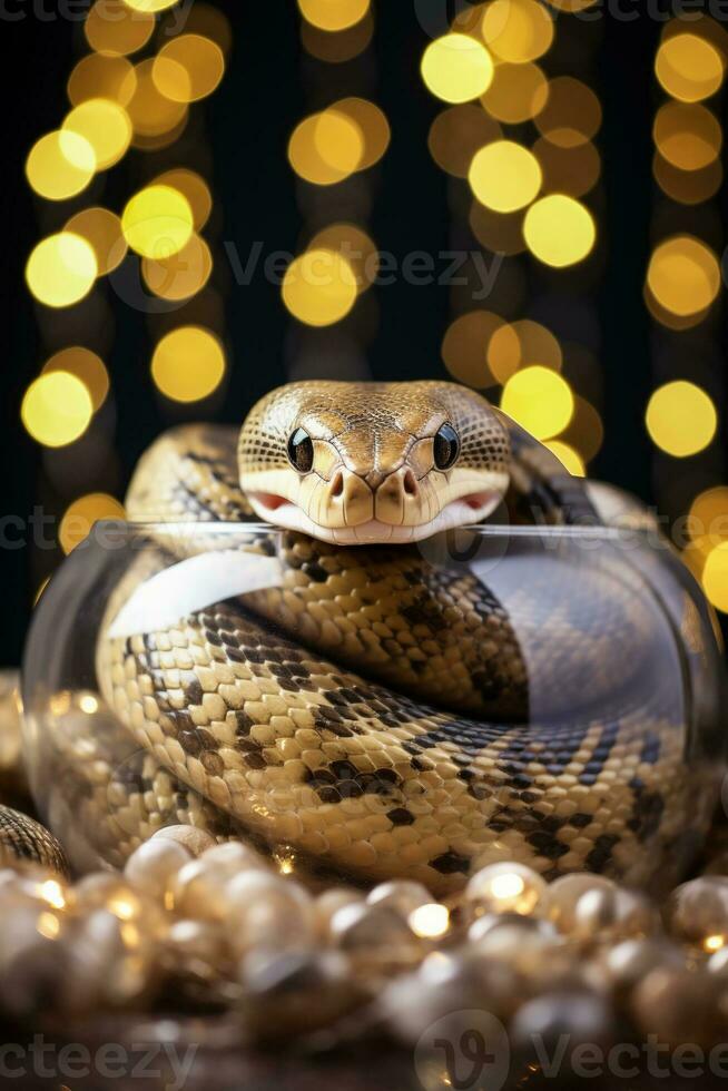 Christmas Ball Python around yule log with fairy lights background with empty space for text photo