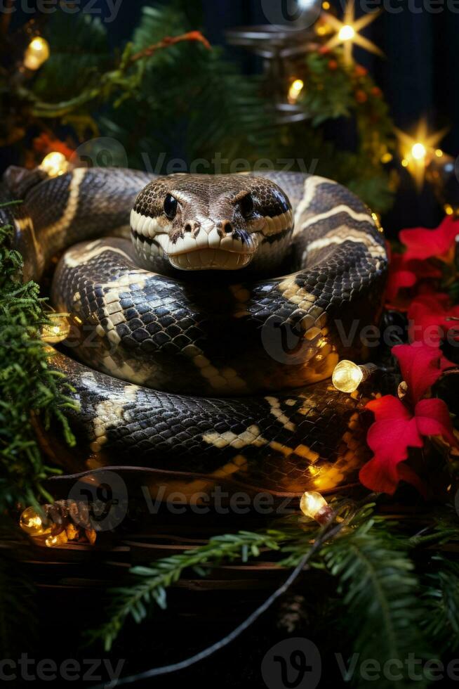 Christmas Ball Python snake entwined around yule log amidst twinkling fairy lights photo