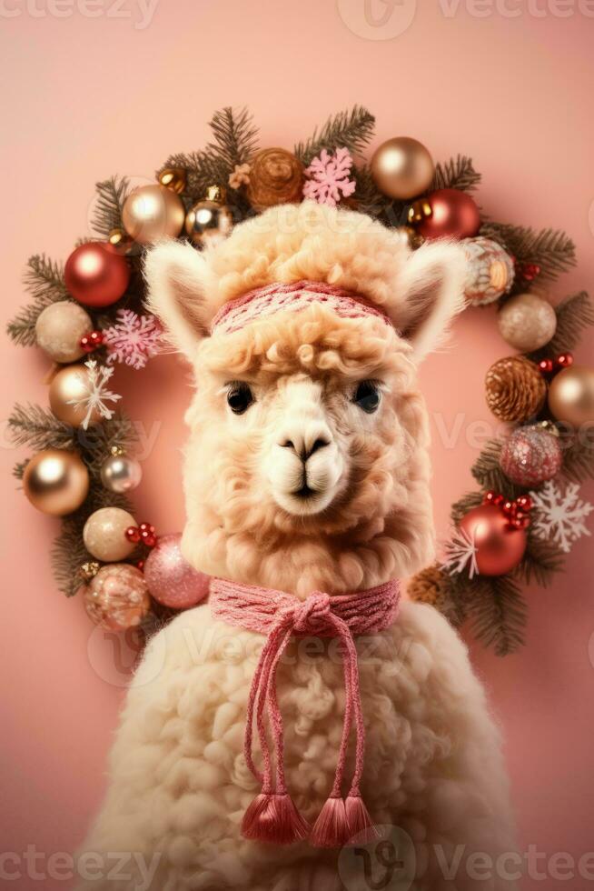 Christmas Alpaca with festive ornaments and wreath background with empty space for text photo