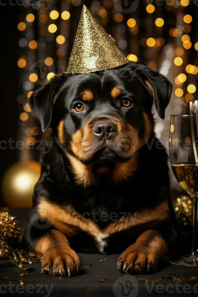 Rottweiler holds gold party cracker ready to celebrate the New Year photo