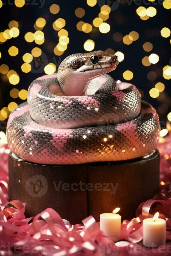 Ball Python snake with yule log and fairy lights isolated on a gradient Christmas background photo