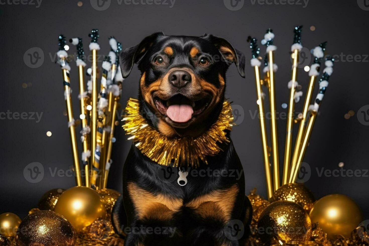 New Years Rottweiler dog holding a gold and glitter party cracker isolated on a white background photo