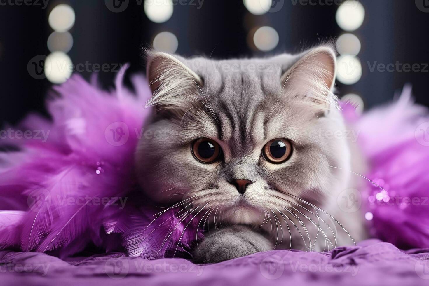 Scottish Fold cat in New Years mask and feather boa background with empty space for text photo