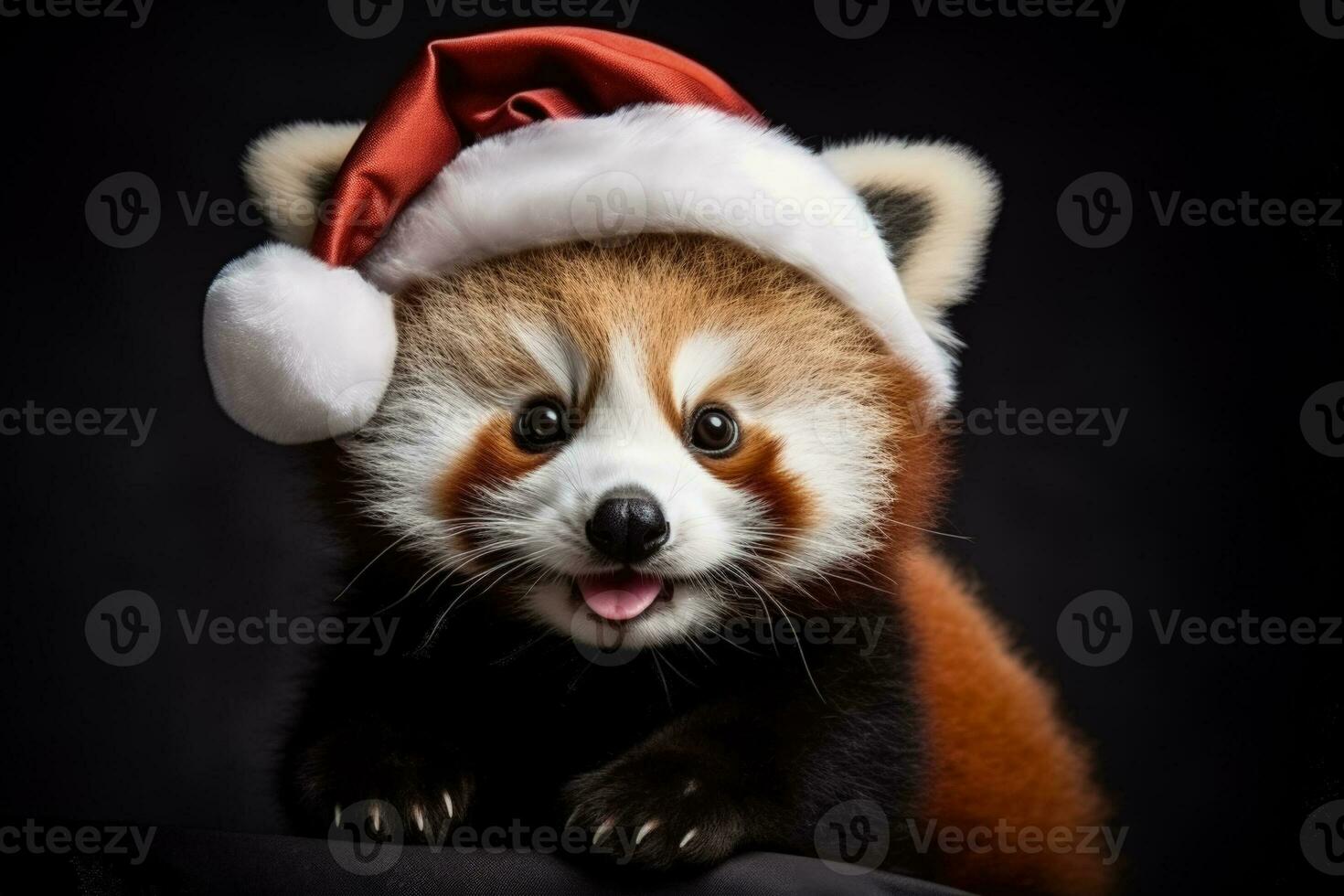 Christmas Red Panda wearing baby Santa hat with mistletoe isolated on a gradient background photo