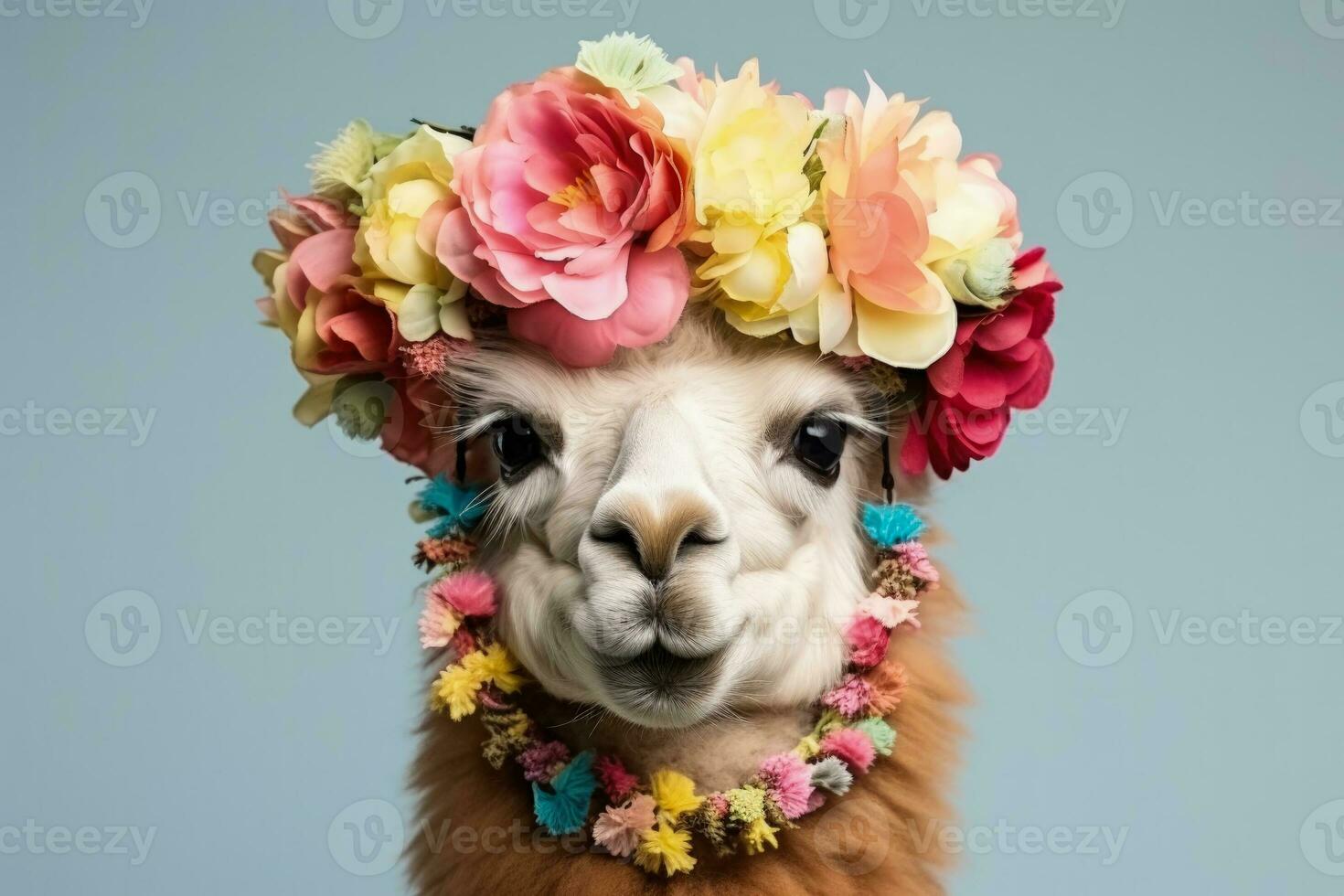 Christmas Alpaca adorned with festive ornaments and wreath isolated on a white background photo