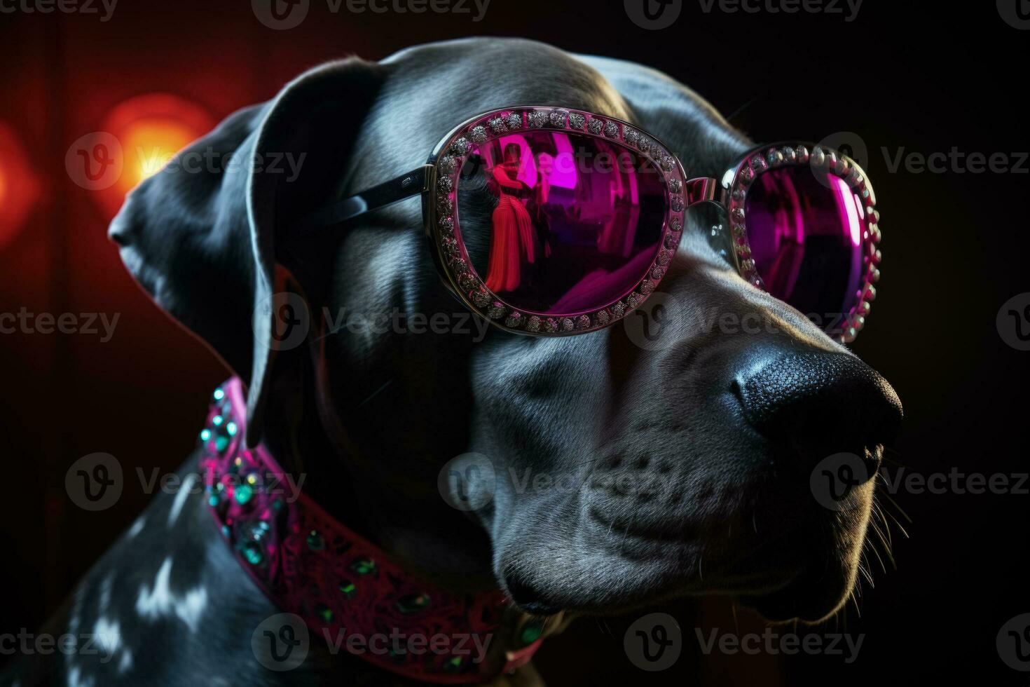 Great Dane dons jester collar neon glasses for jovial New Years gala photo
