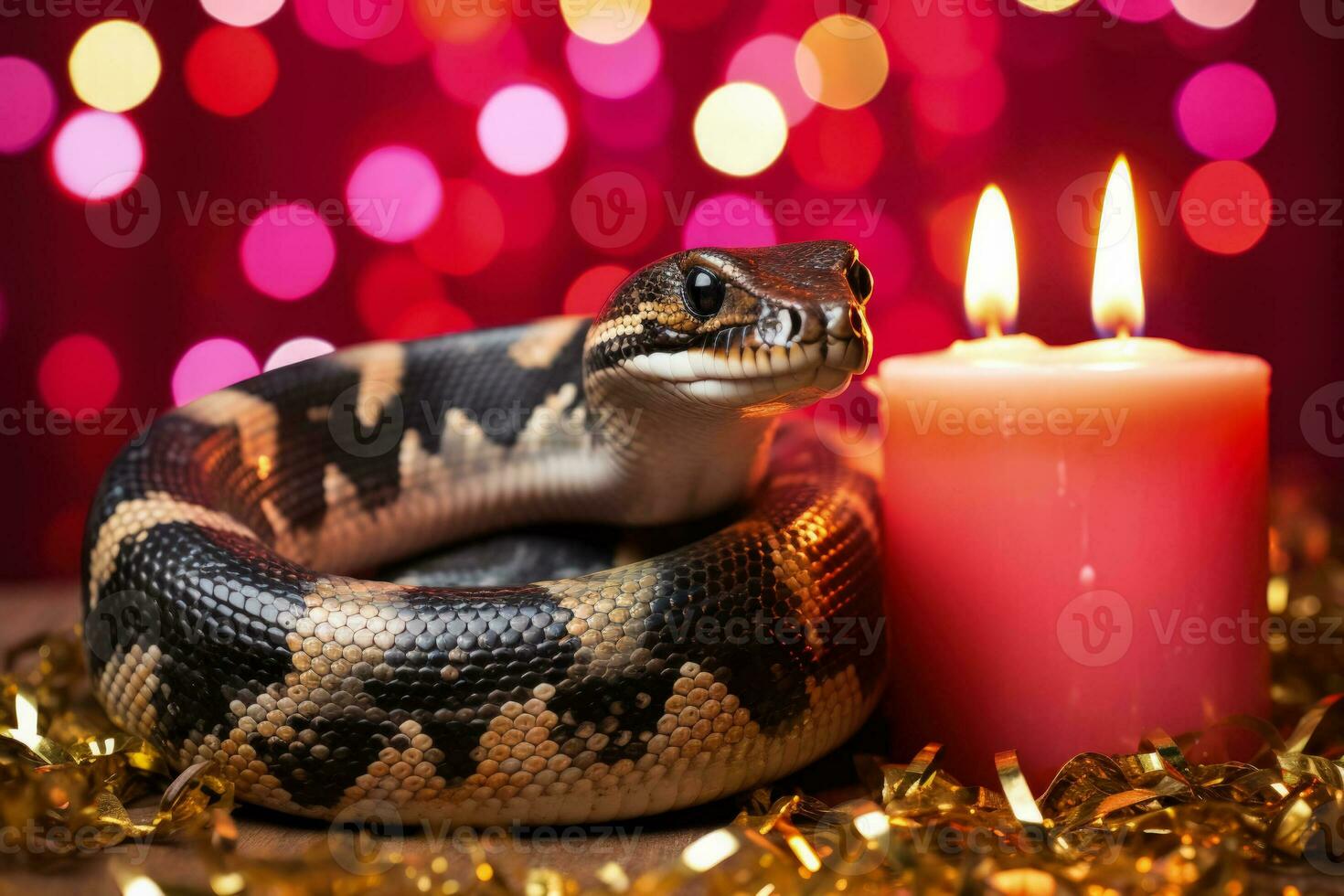Ball Python snake with yule log and fairy lights isolated on a gradient Christmas background photo