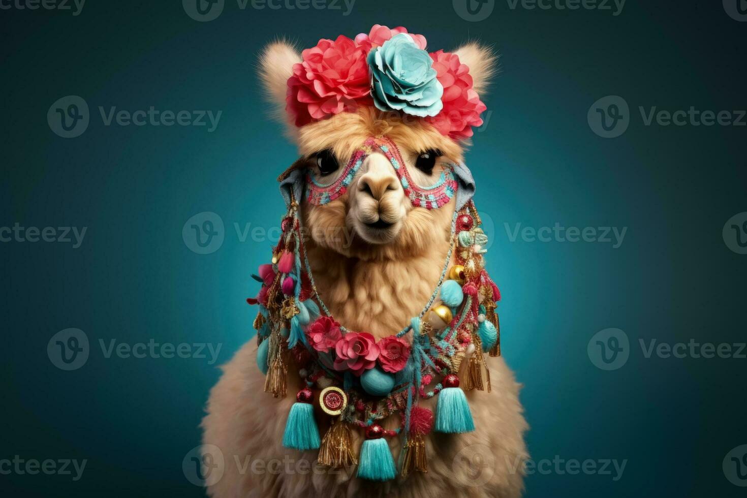 Christmas Alpaca decorated with holiday ornaments and wreath isolated on a gradient background photo