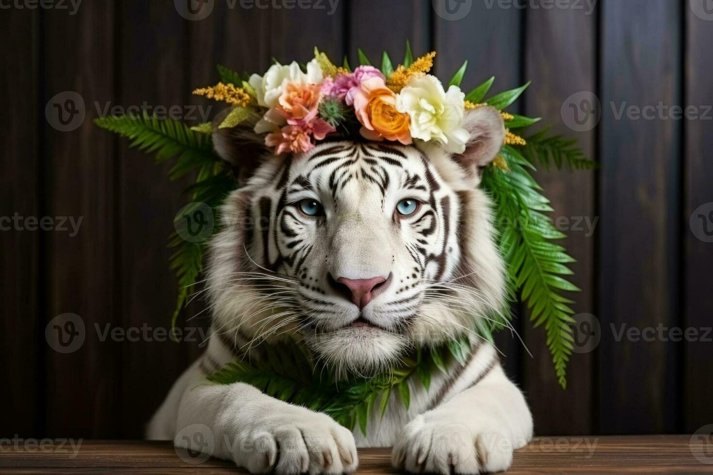 White Bengal Tiger with wreath collar and festive hat greets New Year photo