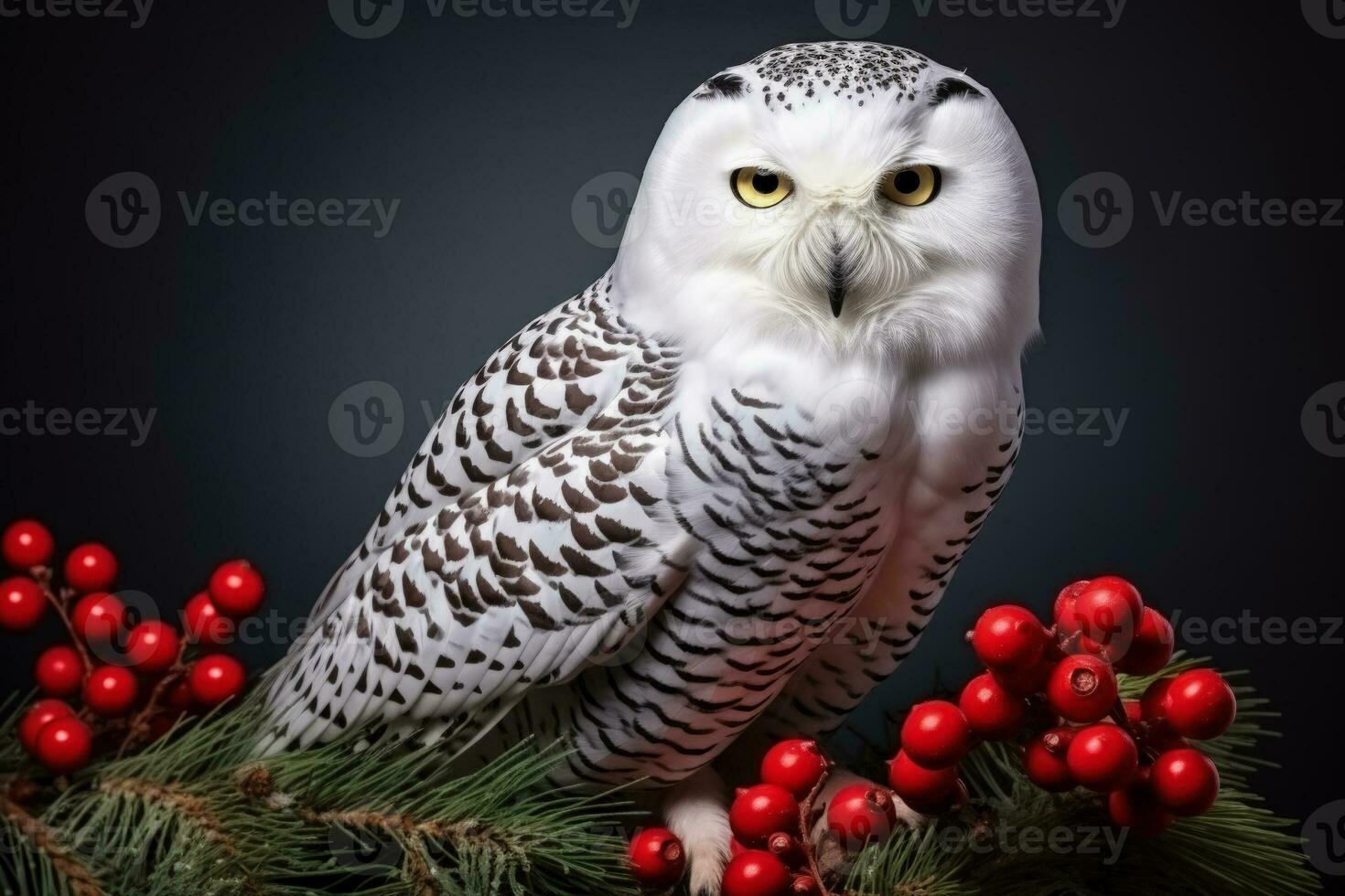 Christmas Snowy Owl perched on pine branch with candy cane isolated on a gradient background photo