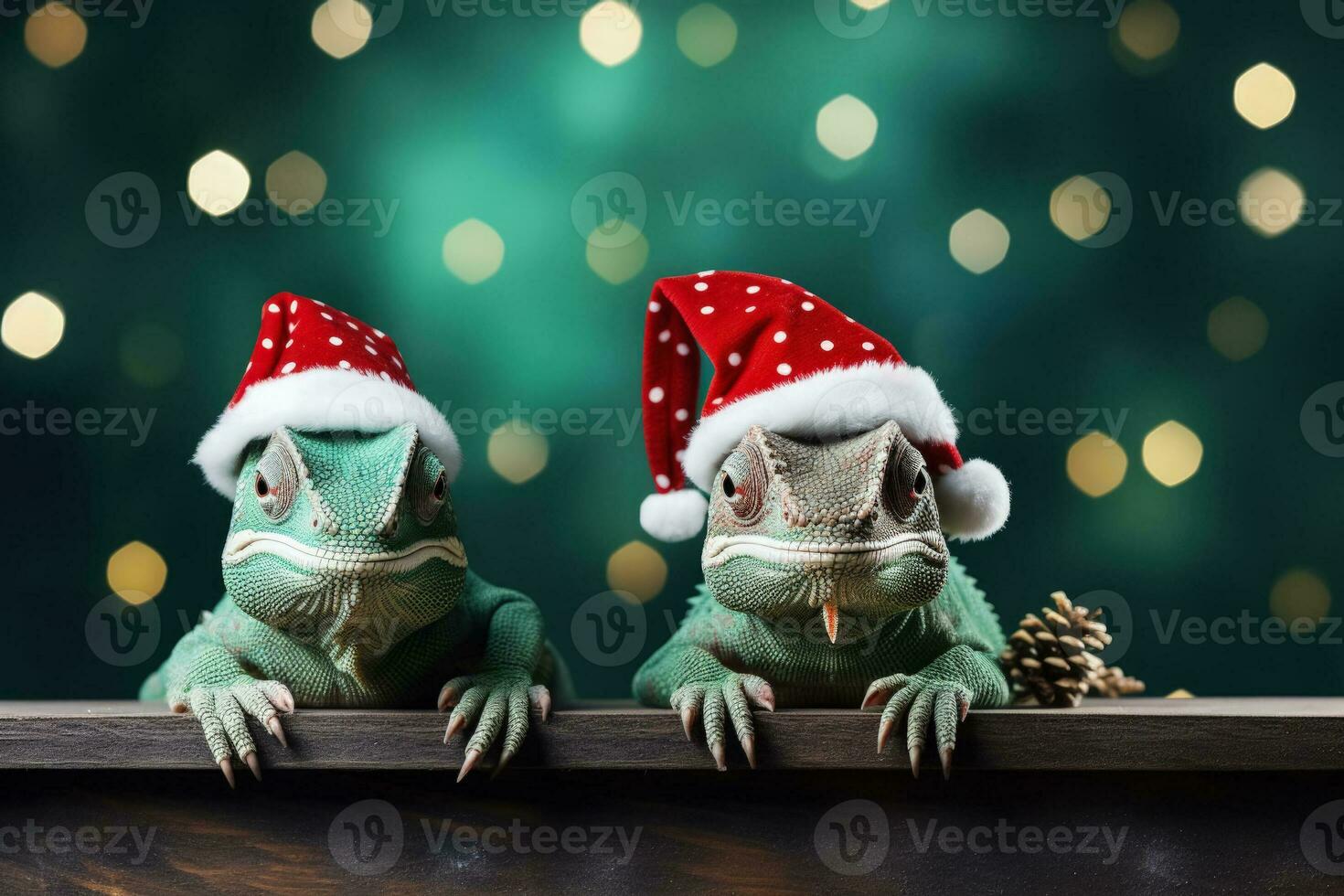New Years chameleon wearing miniature Santas hat and jingle bells background with empty space for text photo