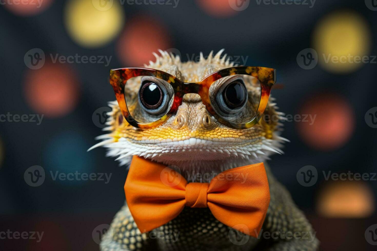 New Years Bearded Dragon lizard in festive bow tie background with empty space for text photo
