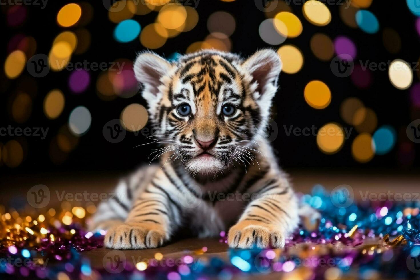 New Years Bengal Tiger cub in top hat amidst confetti background with empty space for text photo
