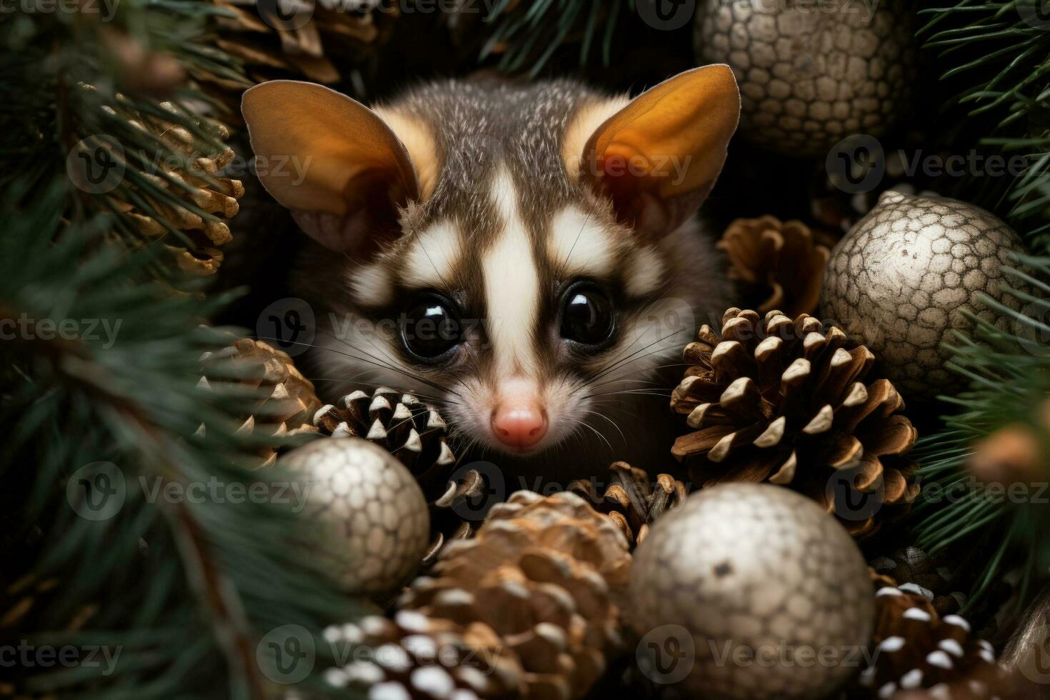 Sugar Glider elf nestled among pinecones and baubles embodying Christmas magic photo