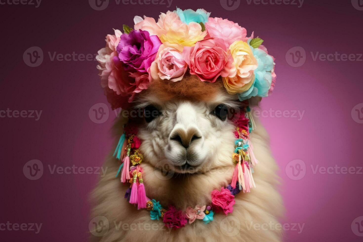 Christmas Alpaca decorated with holiday ornaments and wreath isolated on a gradient background photo
