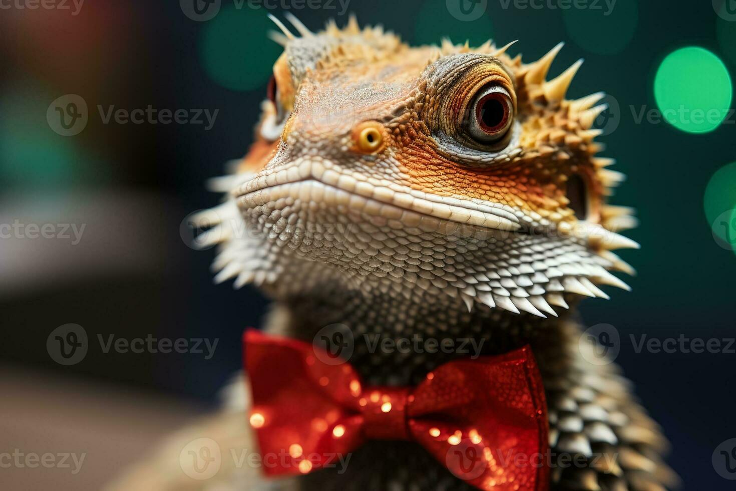 New Years Bearded Dragon lizard sporting a festive holiday bow tie photo