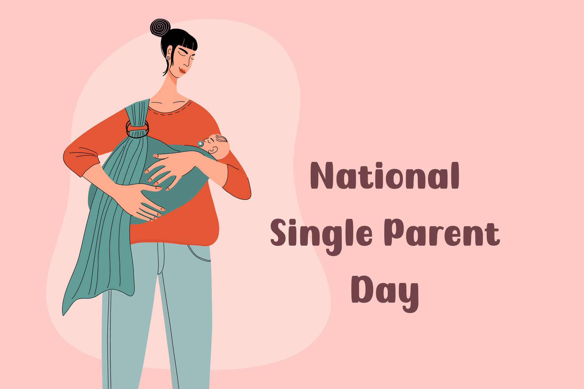 Mother and newborn baby. National Single Parent Day theme poster. Happy