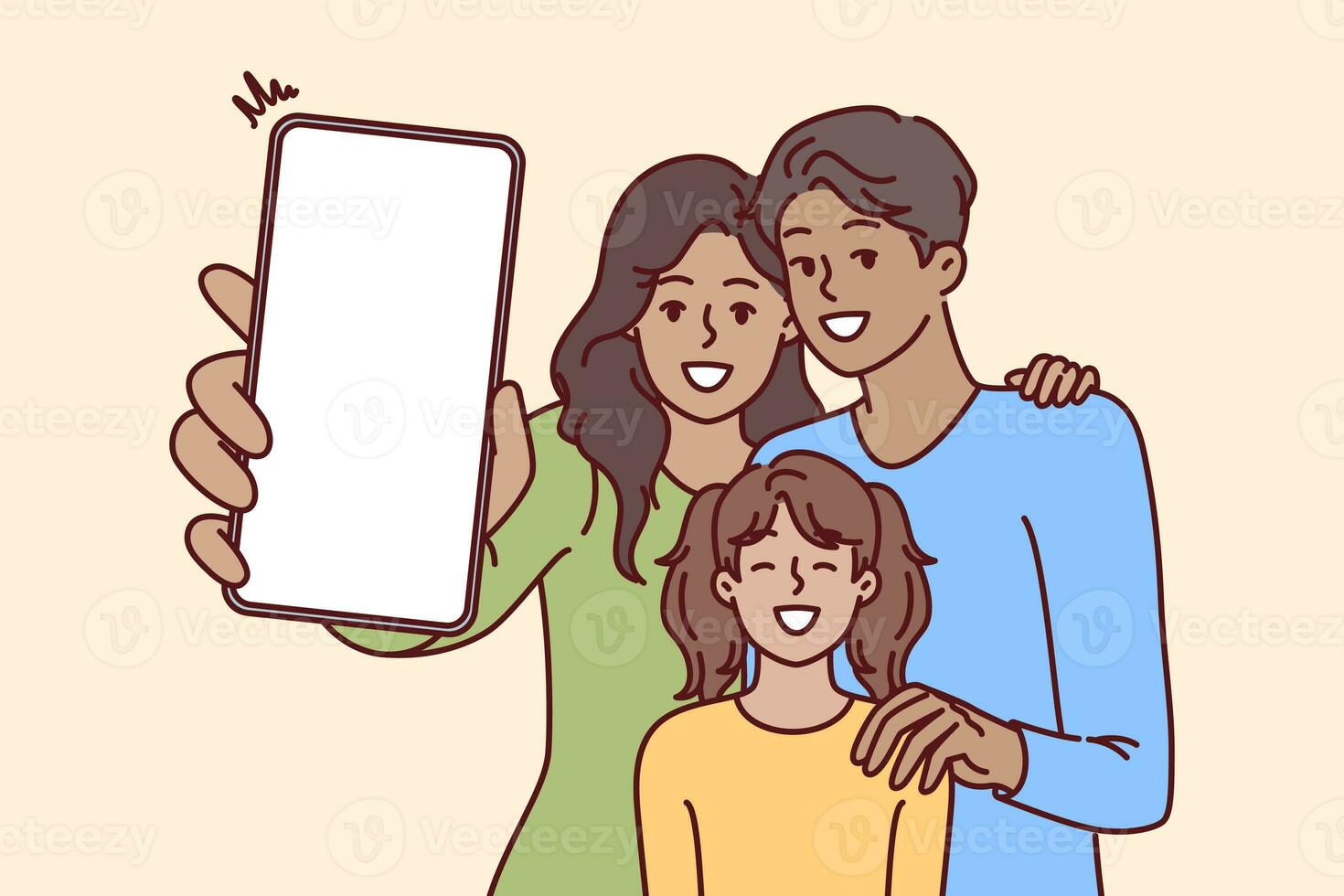 contento familia sostiene teléfono con blanco pantalla en manos, ofrecimiento a utilizar publicidad móvil solicitud foto