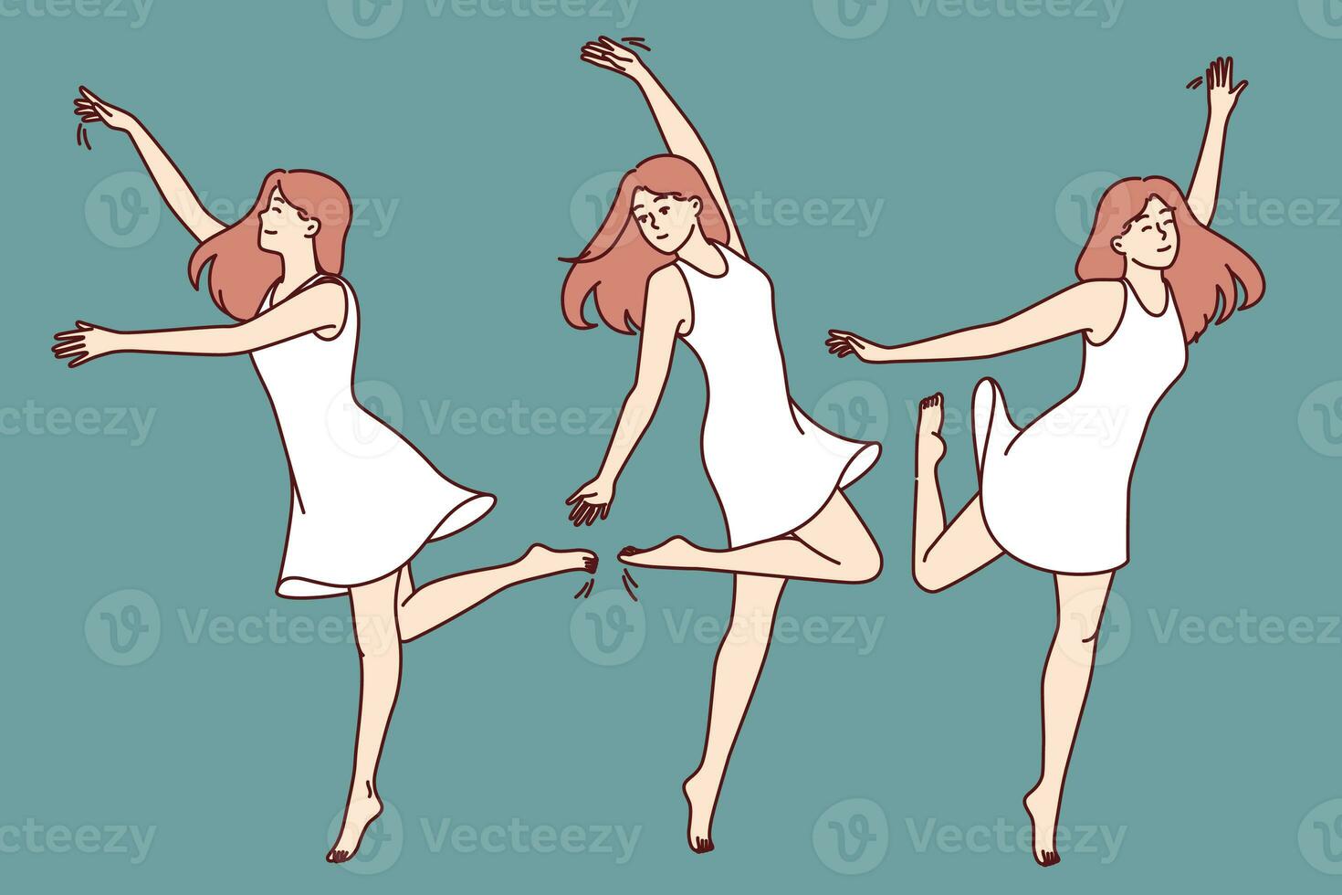 Woman ballerina in white dress demonstrates flexibility and warms up taking various ballet poses photo