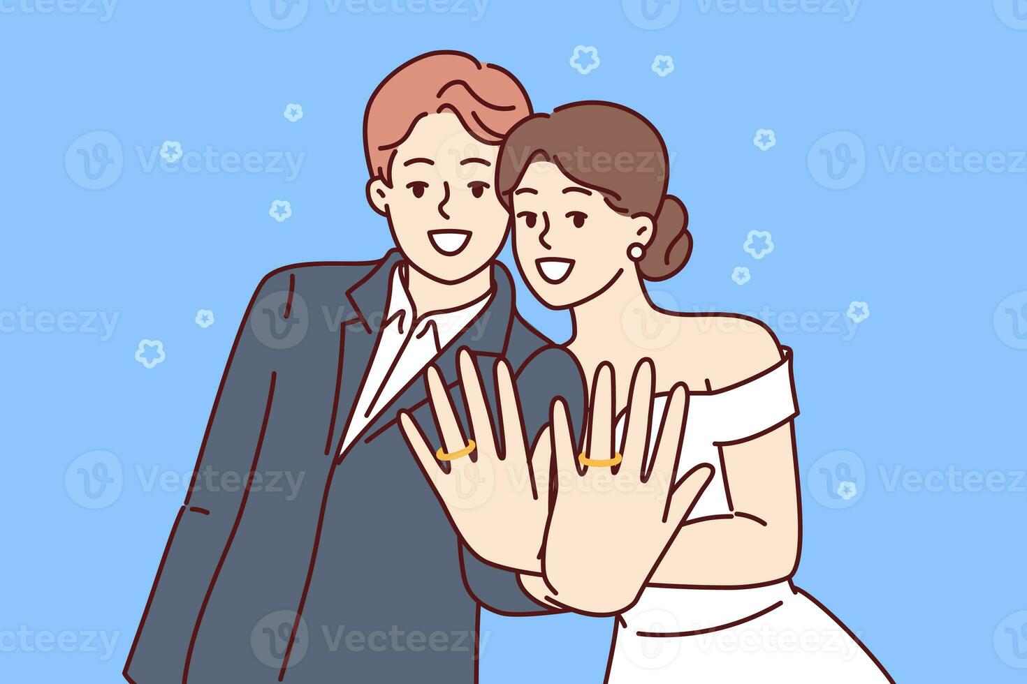 Marriage ceremony of man and woman, with wide smile showing wedding rings on fingers photo