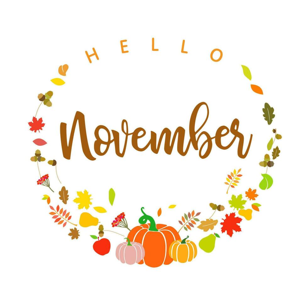 Hello November social media post. Greeting card design. Internet banner. Isolated elements. Autumn fruits and plants, red, yellow and orange leaves. Creative typography. Fall basket. Decorative icon vector