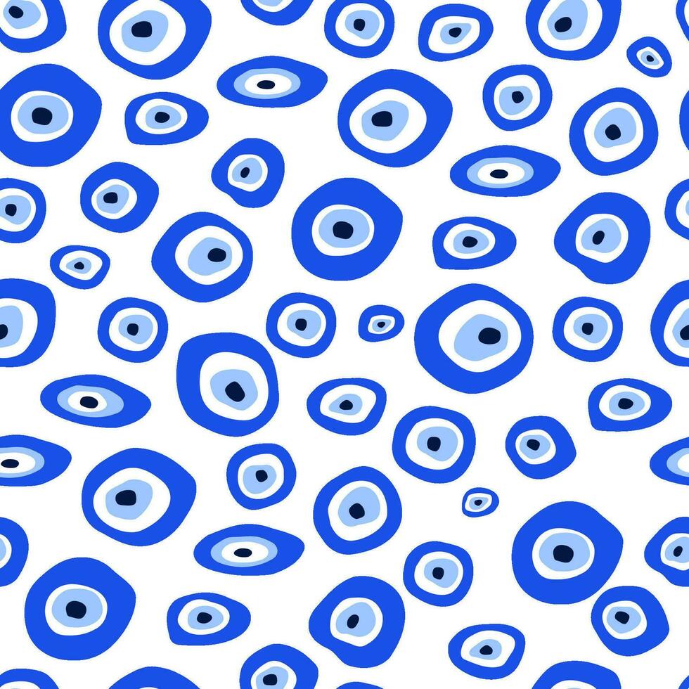 Greek or Turkish evil eye amulet seamless pattern. Blue Nazar talisman amulet repeat background. Vector lucky symbol print textile design, wrap paper, wallpaper. Cartoon hand drawn eye of providence.