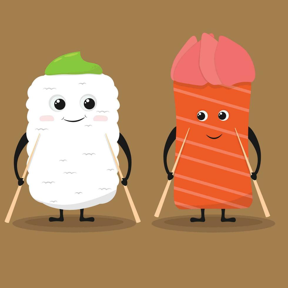 Sushi friends or couple. Cute sushi cartoon character vector design. Kawaii food character design. Cartoon japanese food