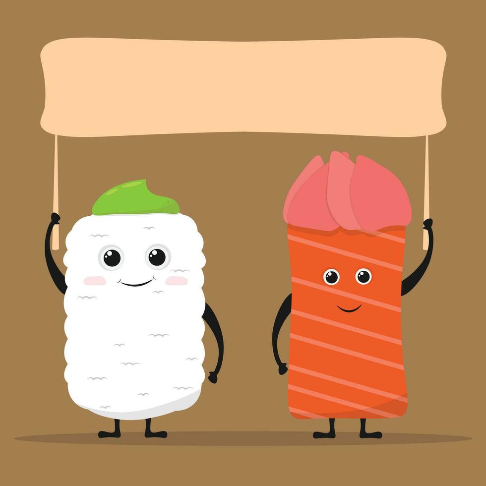 contento Sushi amigos o Pareja sostiene vacío signo. linda Sushi dibujos animados personaje vector diseño. kawaii comida personaje diseño. dibujos animados japonés comida