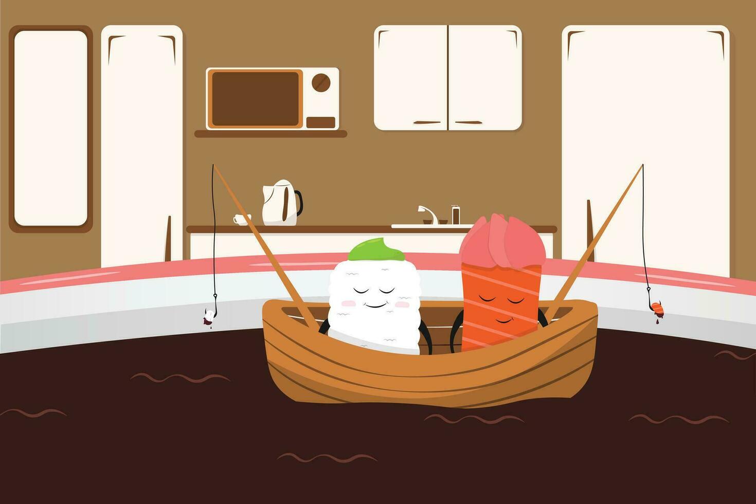 Sushi friends or couple fishing in soy sause. Cute sushi cartoon character vector design. Kawaii food character design. Cartoon japanese food. Kitchen background