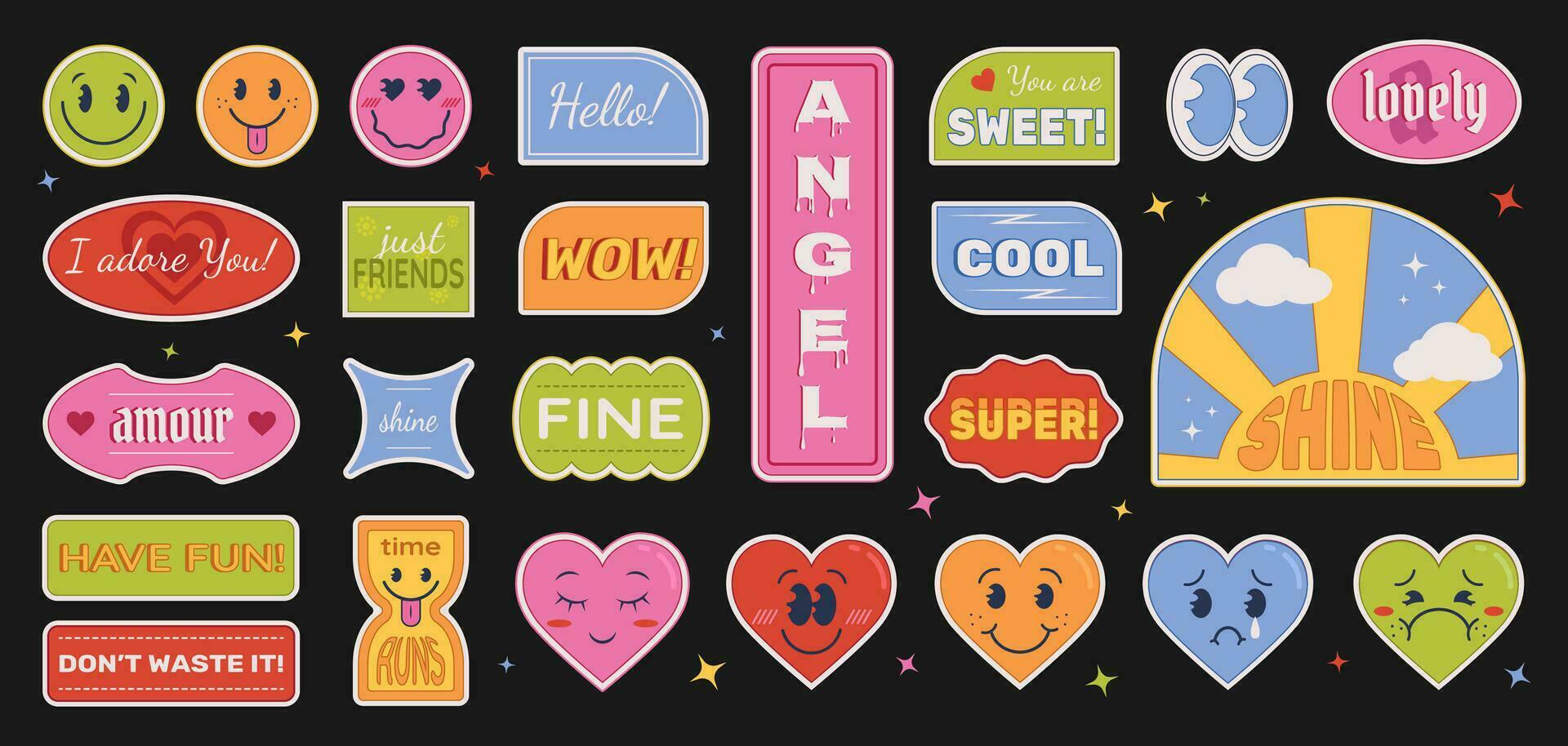 Trendy Y2K sticker pack with different shapes, short cheerful phrases, characters with cute faces. Vector illustration in retro aesthetics.