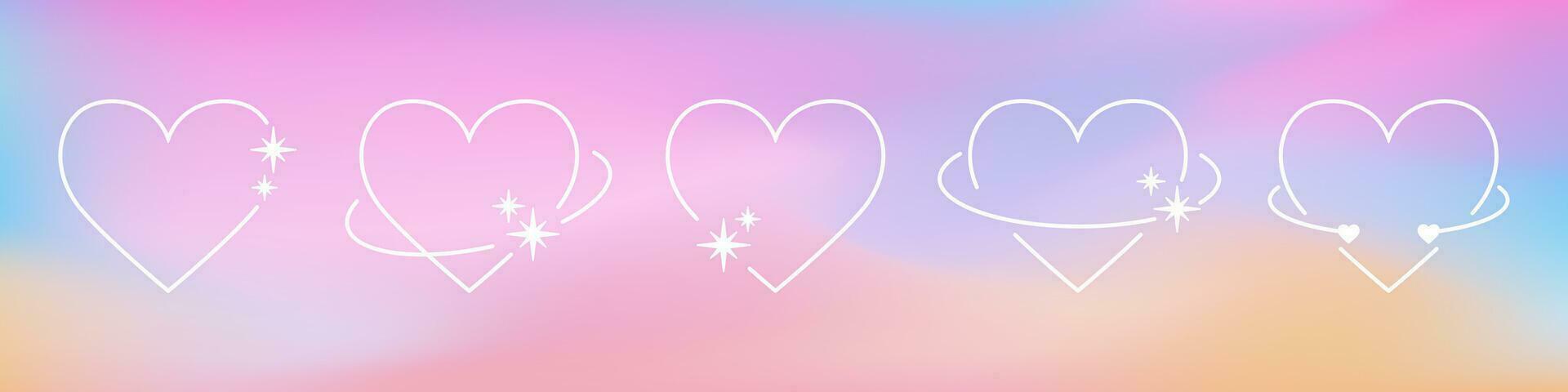 Set of white thin line heart frames in Y2K aesthetics, Valentine's Day decorations, romantic picture borders with blinks. Vector illustration.