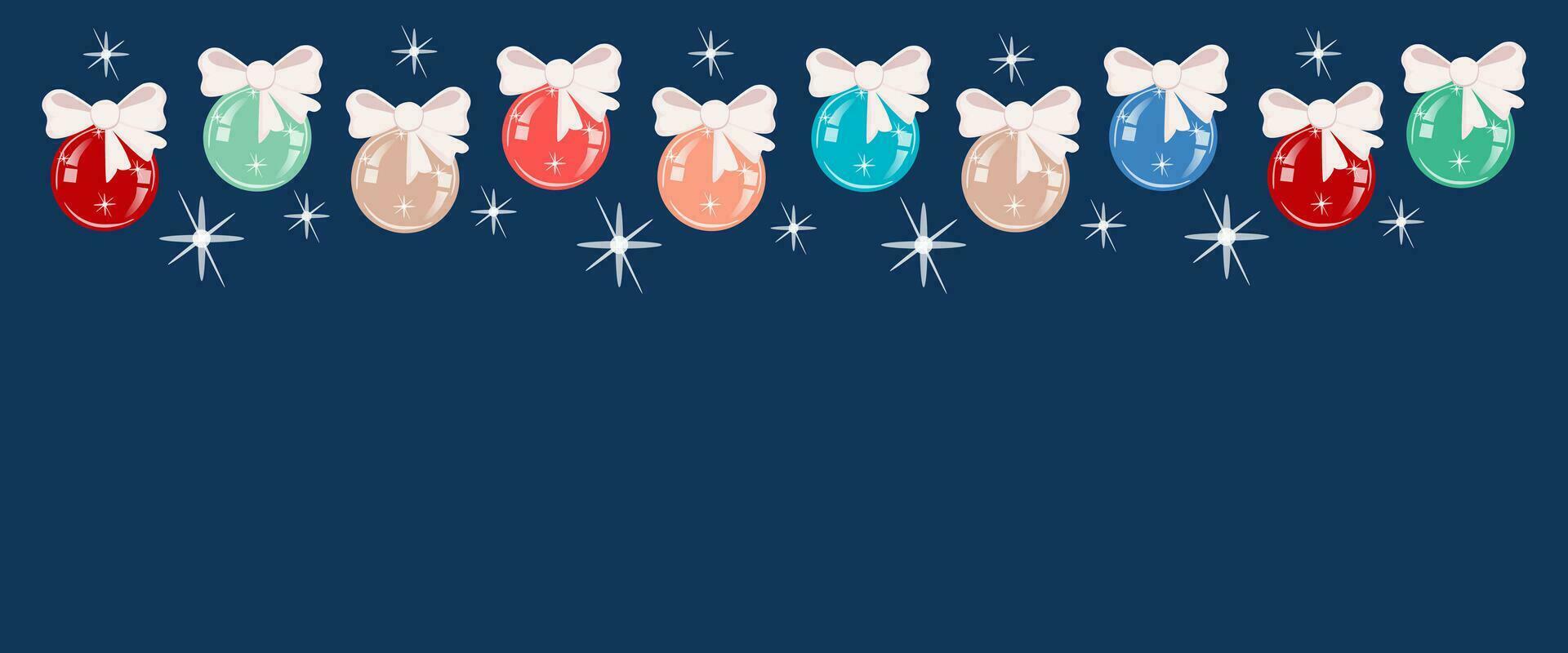 Multi-colored glass Christmas balls with bows and stars on a dark blue background. Vector illustration for cards, banners, invitations, web design