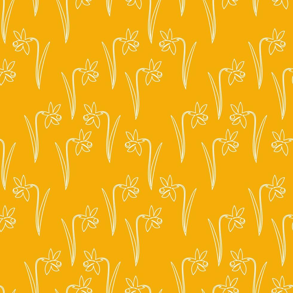 sin costura modelo blanco contorno flores narcisos en un naranja fondo, continuo línea. garabatear vector ilustración, antecedentes para embalaje, textil, fondo de pantalla