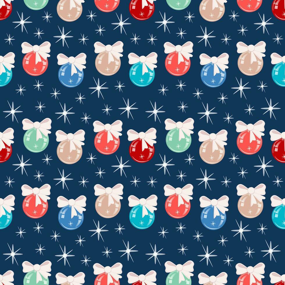 Multi-colored glass Christmas balls with bows on a dark blue background with stars. Vector illustration seamless pattern for packaging, textile, wallpaper