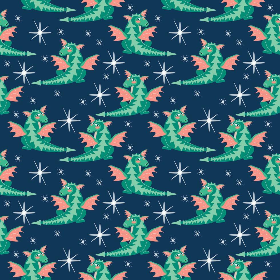 Seamless pattern green winged dragon, symbol of 2024 according to the Chinese horoscope. Vector cartoon illustration of blue New Year background for packaging, wallpaper