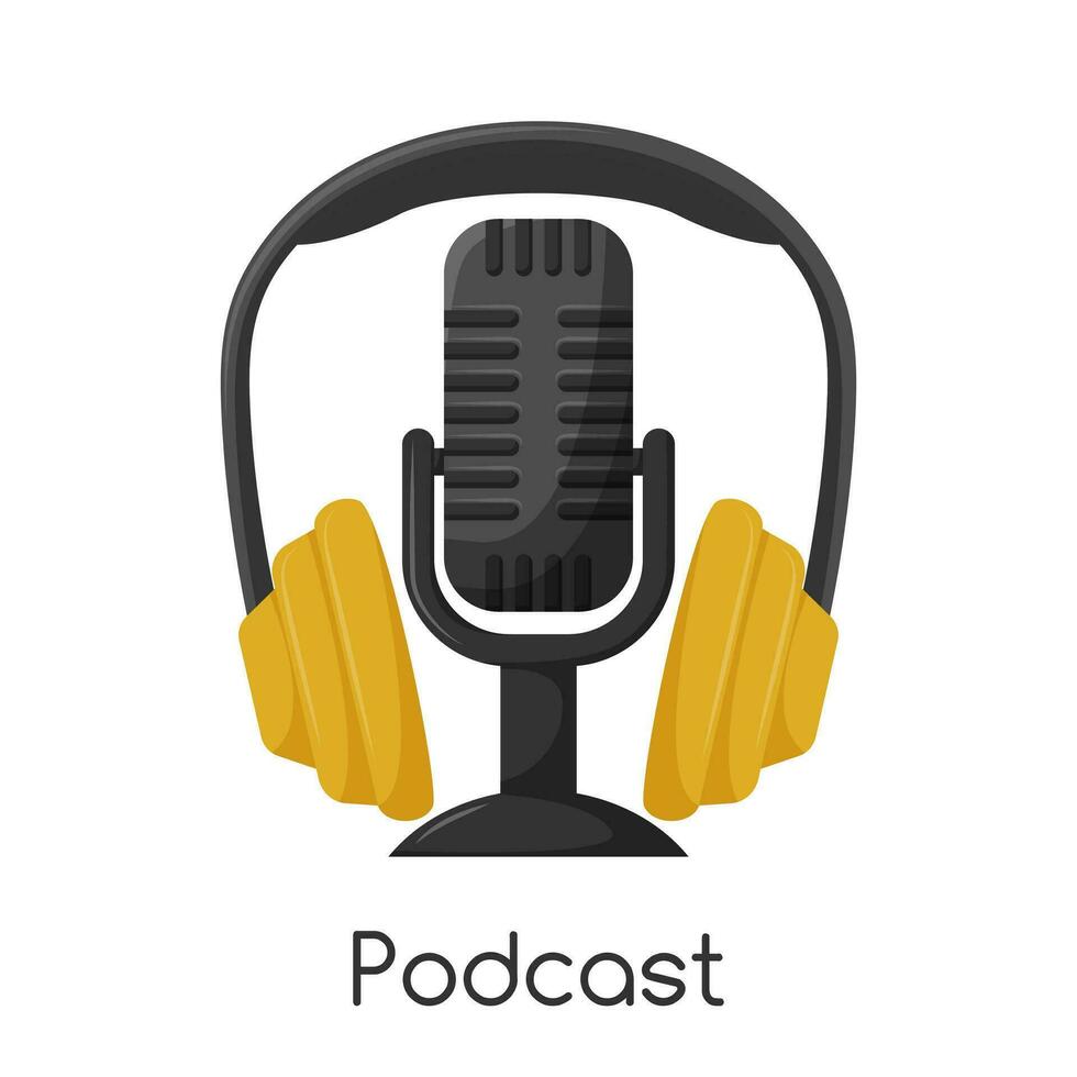 Professional studio over ear headphones with large ear pads and a classic retro microphone between them. Equipment for podcasting, listening to music. Vector illustration isolated on white background