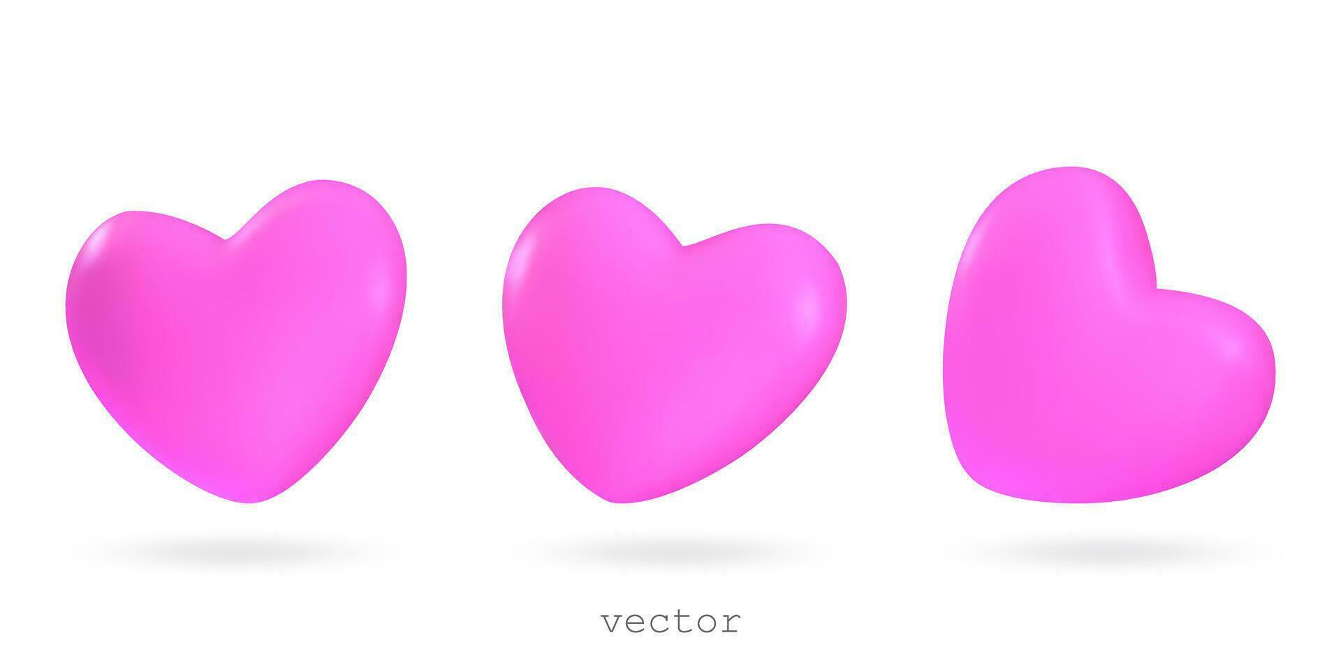 Set of vector 3d cartoon hearts. Flying pink hearts, symbol of love. Romantic decorative elements for Valentine's Day and Mother's Day design.Realistic vector illustration. 3d render isolated on white