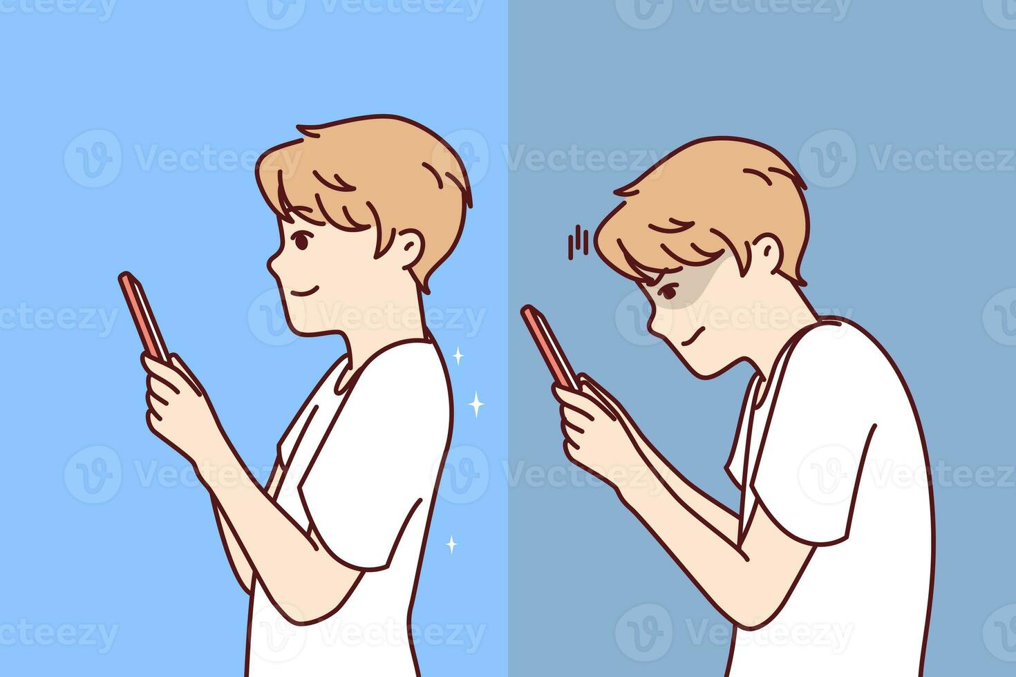 Boy with poor posture holds phone and needs to straighten spine, before and after visit to osteopath photo