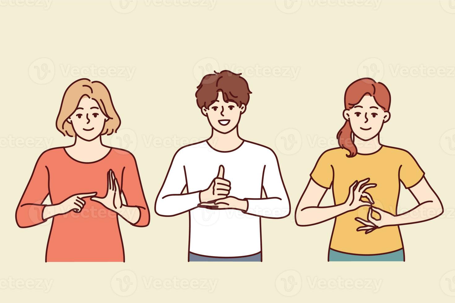 Deaf and mute people use sign language by showing palm signs to communicate instead of speaking photo