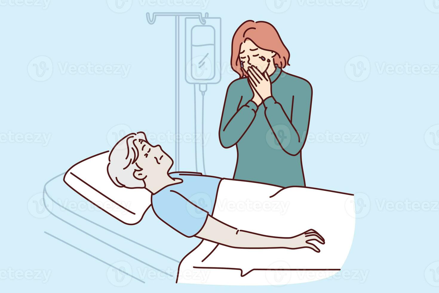 llorando mujer soportes cerca hospital cama con terminalmente enfermo padre en necesitar de costoso operación foto