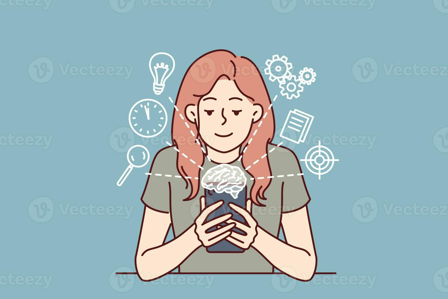 Woman with mobile phone uses artificial intelligence apps to schedule or complete professional tasks photo