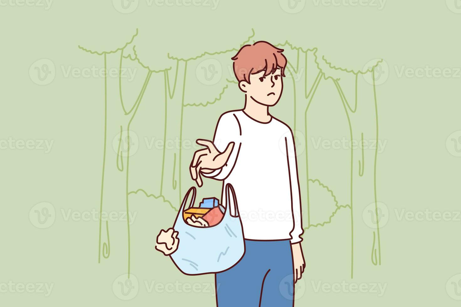Man throws out bag of garbage in wrong place, polluting nature and showing lack of consciousness photo